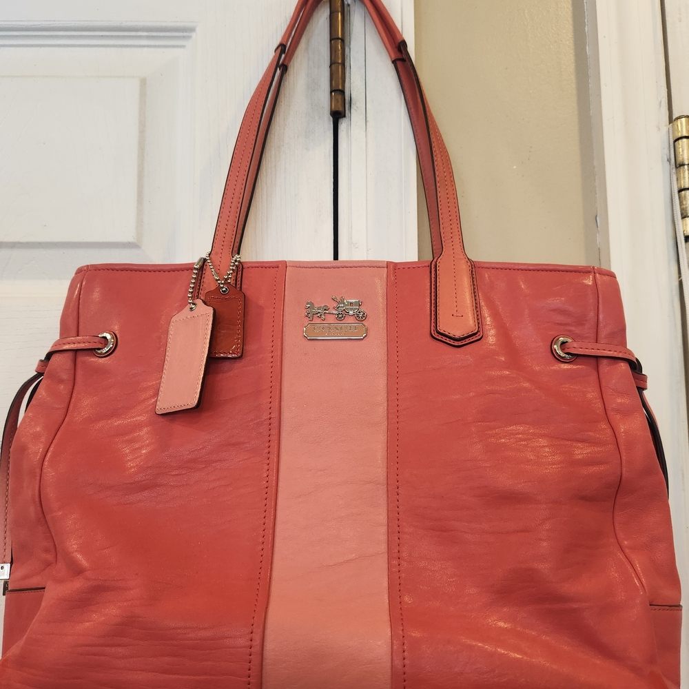 Coach Dark Peach And Light Melon Striped Leather Tote Bag GUC